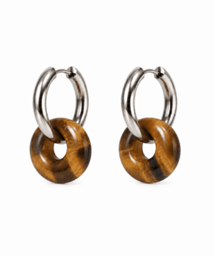 Boucles d’oreilles donut en œil de tigre avec créoles en acier inoxydable