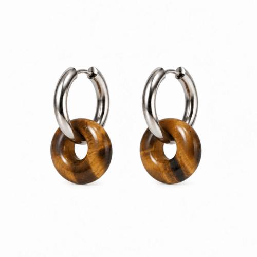 Boucles d’oreilles donut en œil de tigre avec créoles en acier inoxydable