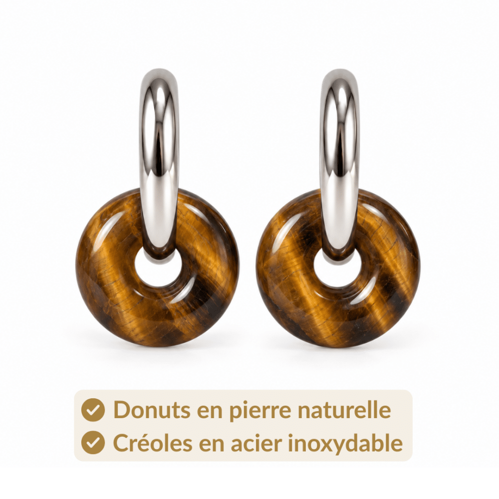 Donuts en œil de tigre naturel et créoles en acier inoxydable