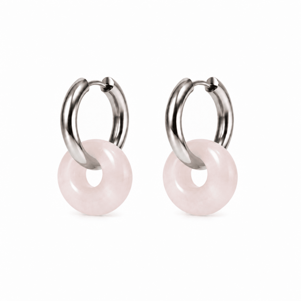 Boucles d’oreilles donut en quartz rose avec créoles en acier inoxydable