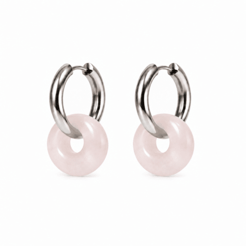 Boucles d’oreilles donut en quartz rose avec créoles en acier inoxydable