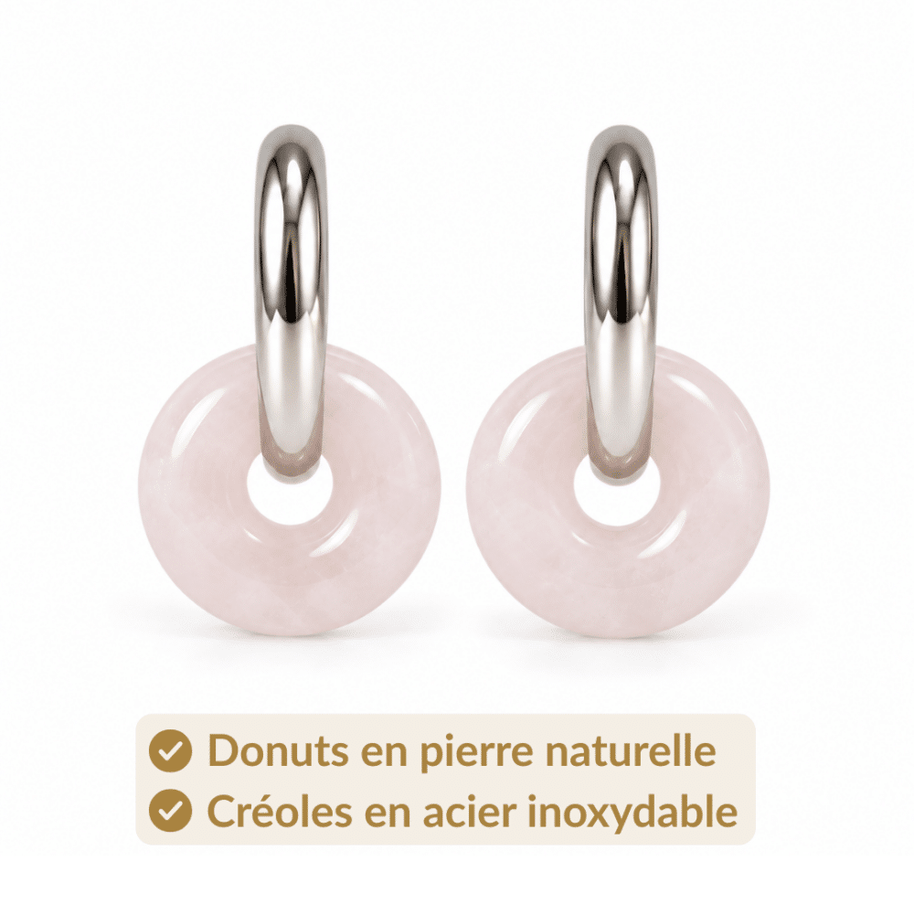 Donuts en quartz rose naturel et créoles en acier inoxydable