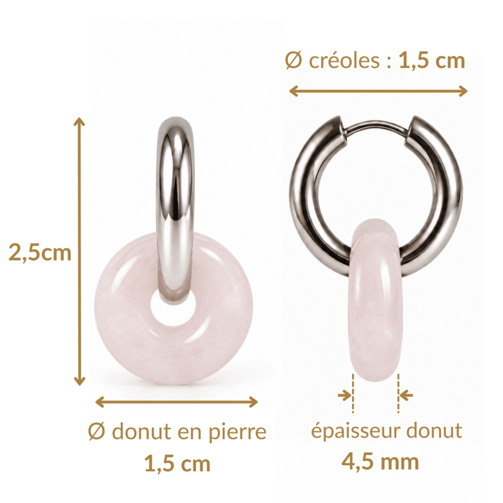 Dimensions des boucles d’oreilles donut en quartz rose : hauteur 2,5 cm, donut et créole de 1,5 cm