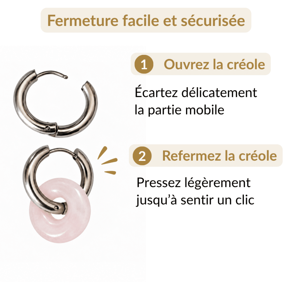 Ouverture et fermeture de la créole des boucles d’oreilles donut en quartz rose