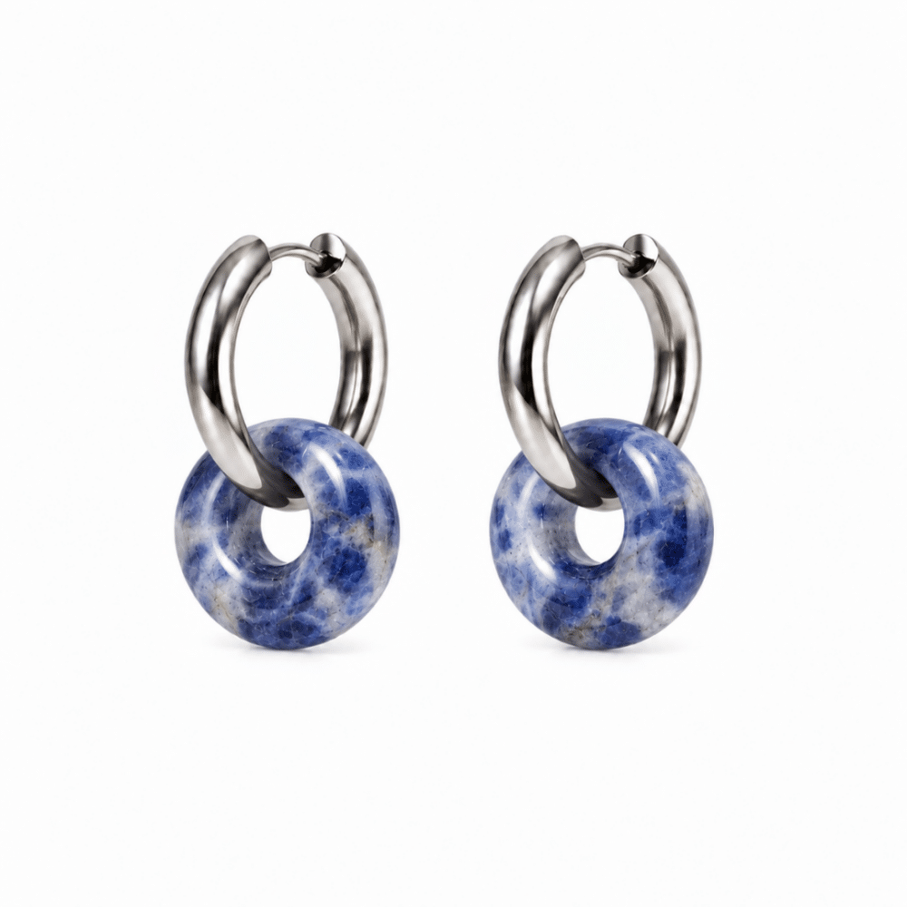 Boucles d’oreilles donut en sodalite avec créoles en acier inoxydable