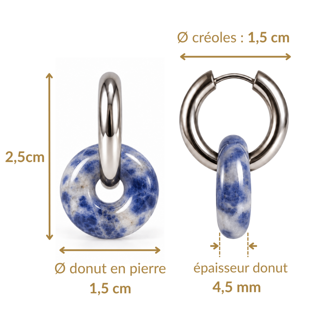Dimensions des boucles d’oreilles donut en sodalite : hauteur 2,5 cm, donut et créole de 1,5 cm