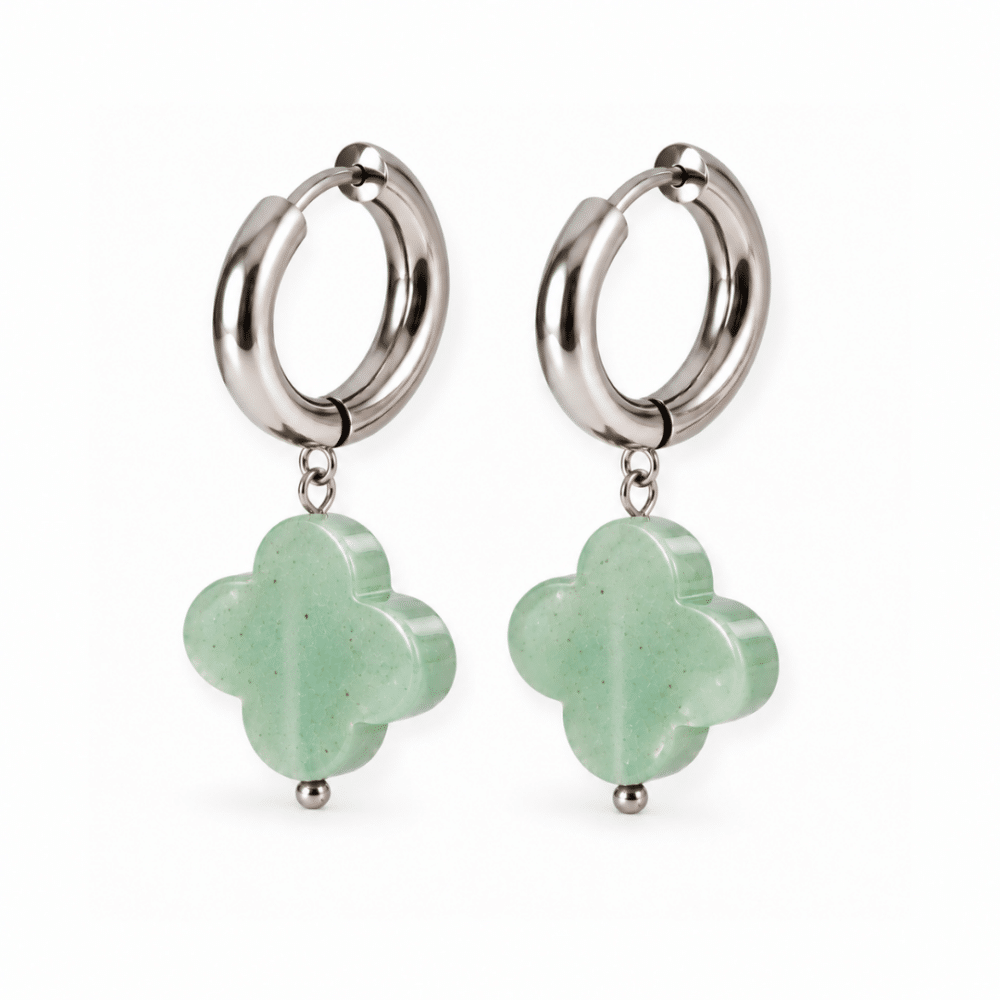 Trèfles en aventurine verte naturelle et créoles en acier inoxydable