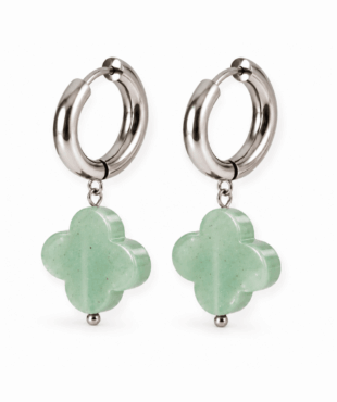Trèfles en aventurine verte naturelle et créoles en acier inoxydable