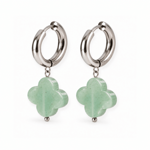 Trèfles en aventurine verte naturelle et créoles en acier inoxydable