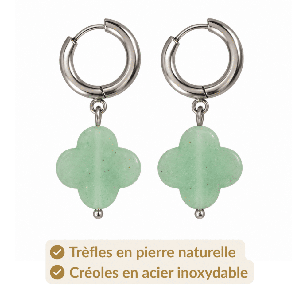 Boucles d’oreilles trèfle en aventurine verte portées à l’oreille
