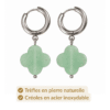 Boucles d’oreilles trèfle en aventurine verte portées à l’oreille