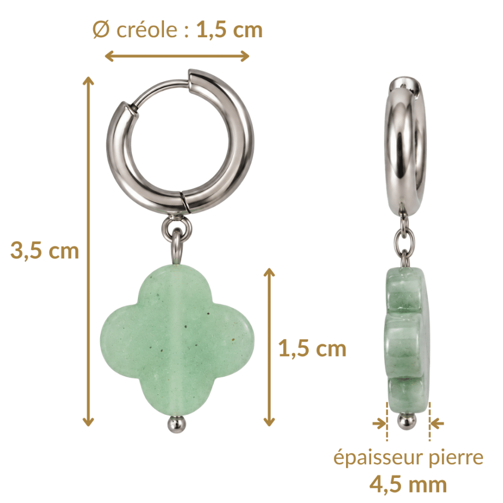 Dimensions des boucles d’oreilles trèfle en aventurine verte : hauteur 3,5 cm, trèfle et créole de 1,5 cm