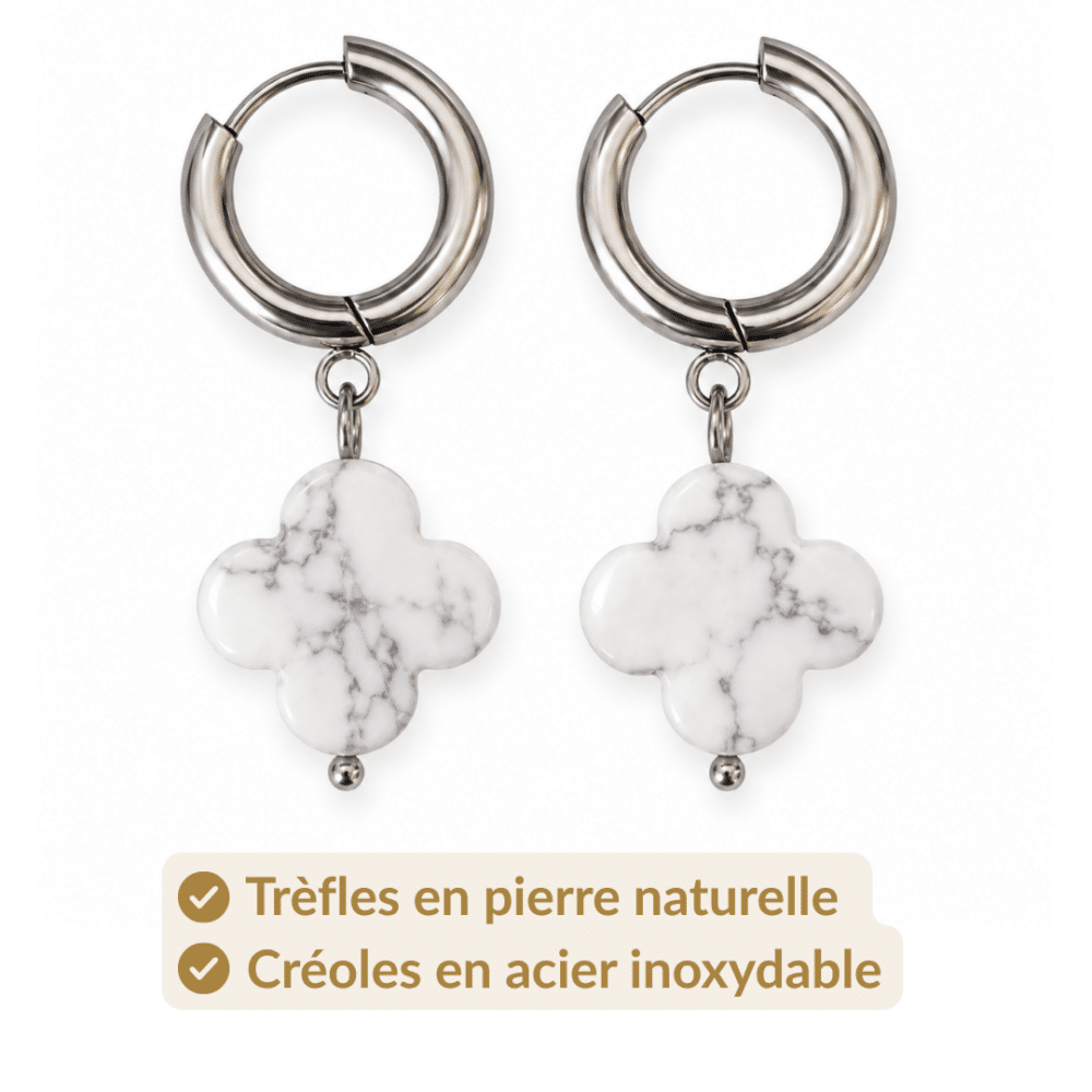 Trèfles en howlite naturelle et créoles en acier inoxydable