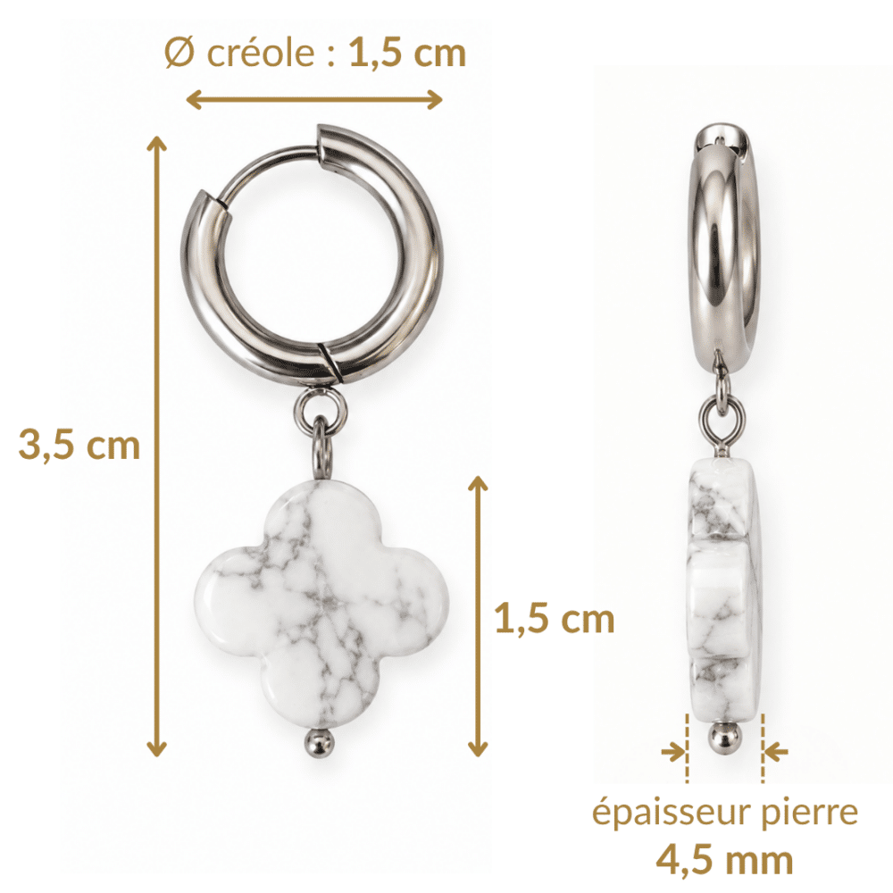Dimensions des boucles d’oreilles trèfle en howlite : hauteur 3,5 cm, trèfle et créole de 1,5 cm