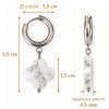 Dimensions des boucles d’oreilles trèfle en howlite : hauteur 3,5 cm, trèfle et créole de 1,5 cm