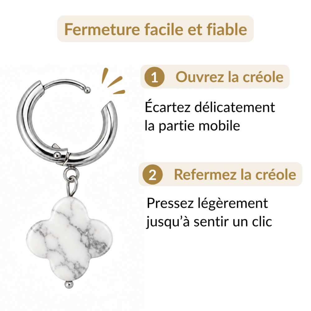 Ouverture et fermeture de la créole des boucles d’oreilles trèfle en howlite