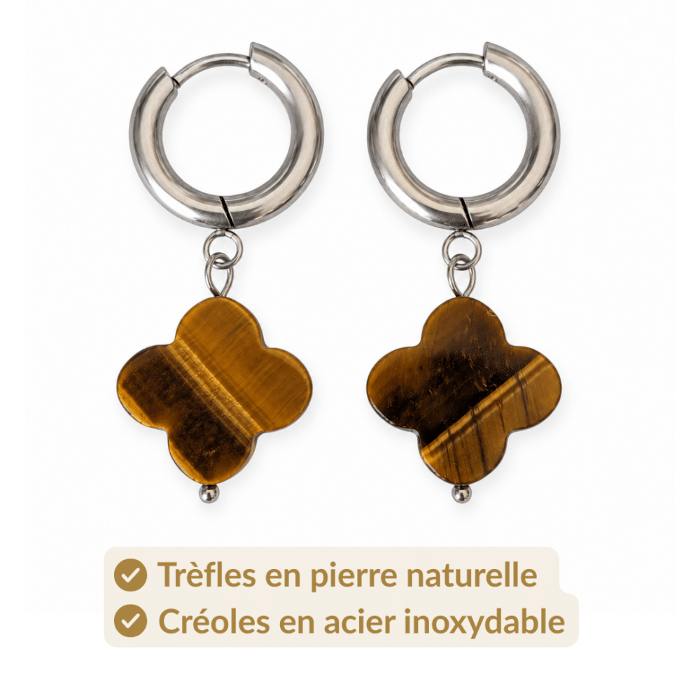 Boucles d’oreilles trèfle en œil de tigre avec créoles en acier inoxydable