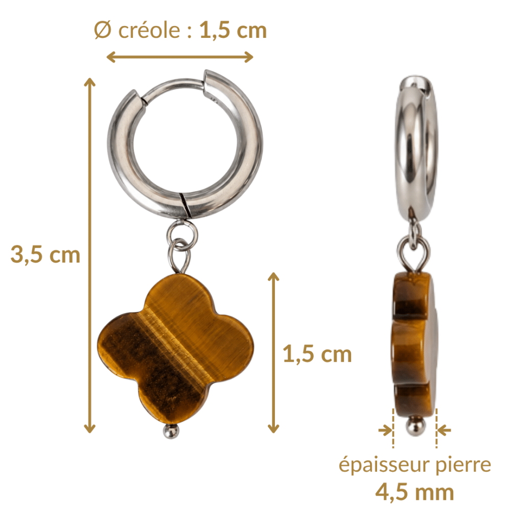Dimensions des boucles d’oreilles trèfle en œil de tigre : hauteur 3,5 cm, trèfle et créole de 1,5 cm