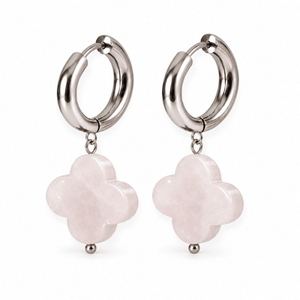 Boucles d’oreilles trèfle en quartz rose avec créoles en acier inoxydable