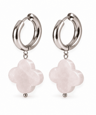 Boucles d’oreilles trèfle en quartz rose avec créoles en acier inoxydable
