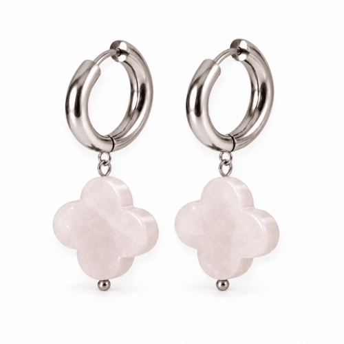 Boucles d’oreilles trèfle en quartz rose avec créoles en acier inoxydable