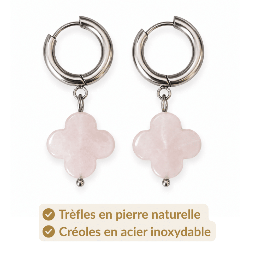 Trèfles en quartz rose naturel et créoles en acier inoxydable