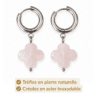 Trèfles en quartz rose naturel et créoles en acier inoxydable