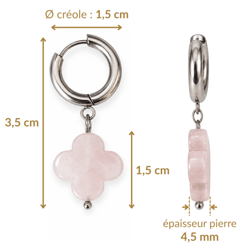 Ouverture et fermeture de la créole des boucles d’oreilles trèfle en quartz rose