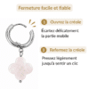 Dimensions des boucles d’oreilles trèfle en quartz rose : hauteur 3,5 cm, trèfle et créole de 1,5 cm